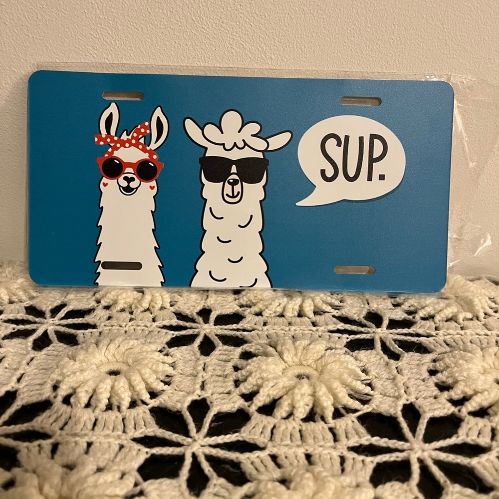 Blue Llama 'SUP.' Decorative License Plate